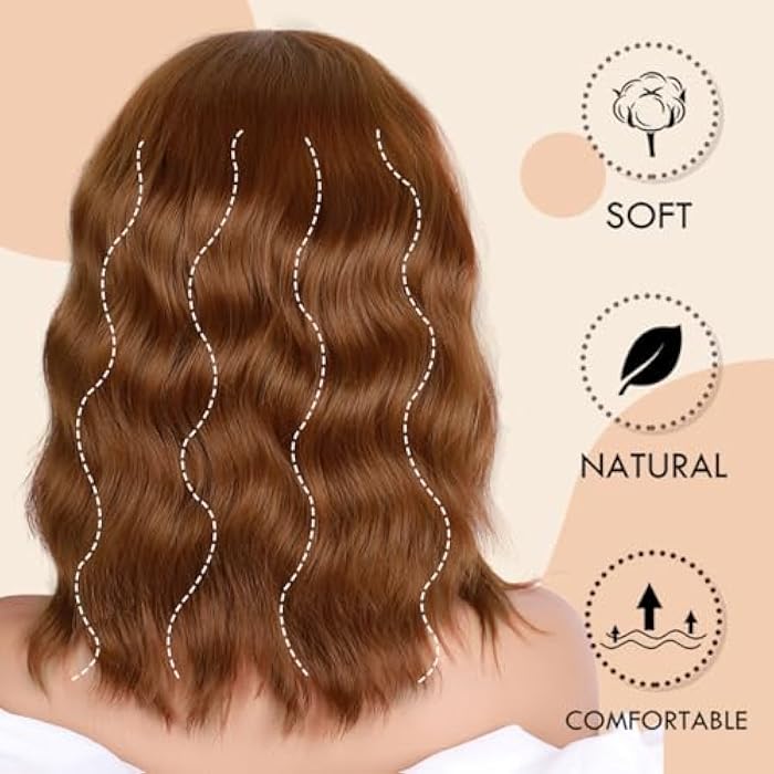 DILLARDS Short Wavy Bob Wigs With Bangs For Women Brown Shoulder Length Bob Curly Women's Synthetic Wig Brown 14 Inches Heat Resistant Fiber Hair (#30)) - Image 4